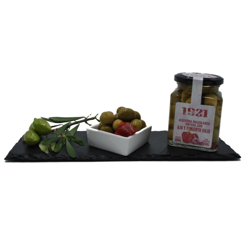 Entkernte Oliven, Knoblauch und rote Paprika - Aceitunas con hueso, ajo y pimiento rojo - 150gr
