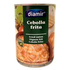 Auffällig gestaltete Dose mit spanischer Zwiebel-fritée in Öl, ideal für spanische Gerichte und Kochrezepte, hochwertige Oliveölqualität aus Spanien.