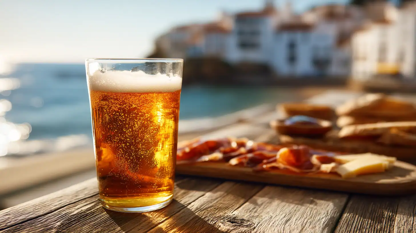 Erfrischendes spanisches Bier auf einer Strandterrasse mit Blick auf das Meer und mediterranes Essen im Hintergrund. Perfekt für einen entspannten Tag am spanischen Küstenabschnitt.
