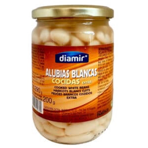 Knoblauchbohnen aus Spanien, gekochte weiße Alubias Blancas, extra, in Glas jar, hochwertig, direkt importiert von Mareni.