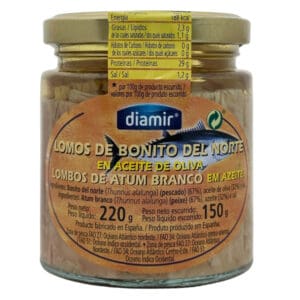 Saure Bonito Filets in Olivenöl, Spanien, Mareni, hochwertige Meeresfrüchte ansprechend präsentiert.