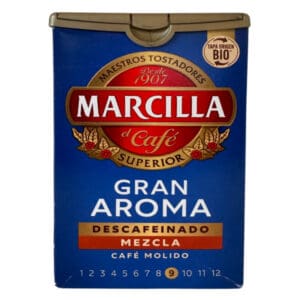 Auffüllbild einer Packung Marcilla Kaffee, spanischer Kaffee, entkoffeiniert, aromatisch, ideal für den perfekten Kaffeegenuss.