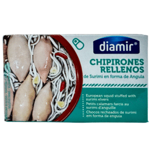 Feinkost-Dose mit europäischem Tintenfisch, gefüllt mit Surimi und Angelwürmern, aus Spanien, ideal für Meeresfrüchte-Liebhaber, hochwertiger Fischsnack, maritimes Gourmet-Erlebnis.