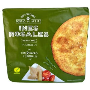 Knuspriges spanisches Tortilla-Produkt aus Ines Rosales mit Olivenöl, handgemacht in Sevilla, vegan, authentisch, mit Rosmarin und Thymian, ideal für köstliche Tapas und spanische Küche.