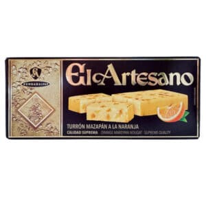 Saftiges Orangenmarzipan-Nougat, direkt aus Spanien, hochwertiger Turrón mit cremiger Textur und aromatischem Geschmack, ideal für Naschkatzen und Festtagsgenuss.