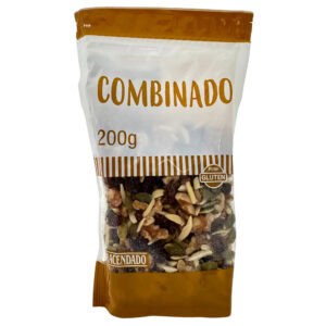 Geröstete, zugeschnittene Nüsse und Trockenfrüchte-Mischung in 200g Packung, halbtransparent, mit deutschen Label- und Markennamen, ideal für gesunden Snack, spanische Qualität, glutenfrei, direkt aus Spanien, Mareni.