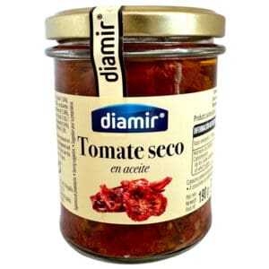 Auffälliges Glas mit spanischen getrockneten Tomaten in Öl, leicht gefüllt, hochwertig, authentisch, ideal für mediterrane Gerichte, direkt aus Spanien, Mareni Markenqualität.