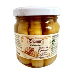 Eingelegte dicke Spargelspitzen aus Spanien in Glas, ideal für mediterrane Gourmetgerichte.