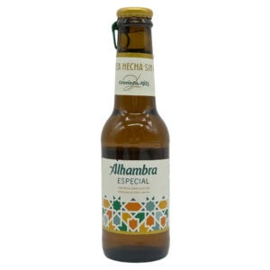 Authentische spanische Alhambra Spezial Bierflasche aus Spanien, traditionell gebraut, ideal für Bierliebhaber, direkte Lieferung aus Spanien, hochwertiges spanisches Bier.