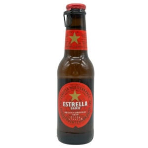 Traditionelle spanische Estrella Damm Bierflasche, hergestellt in Barcelona, authentischer Geschmack aus Spanien, ideal für Bierliebhaber, direkt aus Spanien.