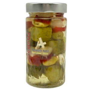 Eingelegte spanische grüne und rote Paprika in Glas, direkt aus Spanien, ideal für Tapas und Antipasti.