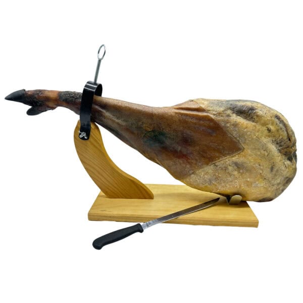 Saubersaubos gewaschene spanische Jamón ibérico mit Knochen auf Holzständer, Messer inklusive, hochwertige Qualität, lecker und frisch.