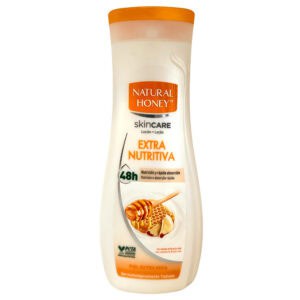 Flasche mit natural honey skinCARE extra nahrhafte lotion für trockene haut, schnell absorbierend, mit brasilianischer cashew-nuss und honig, 48h pflege, aus spanien.