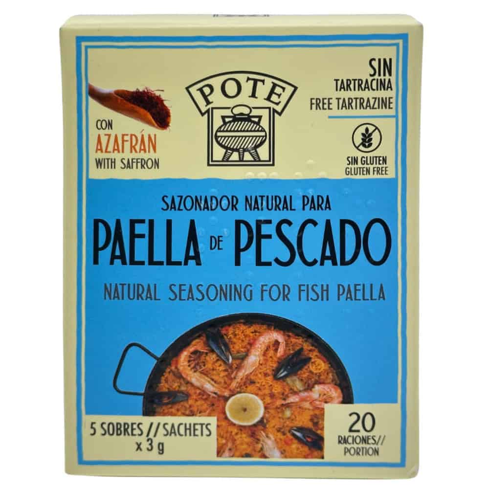 Pote: Paella-Gewürz Fisch - 5 Beutel / 20 Portionen - 15 gr Aromatisierte Fischpaella-Gewürzzubereitung ohne Tartrazin, mit Safran, glutenfrei, direkt aus Spanien.