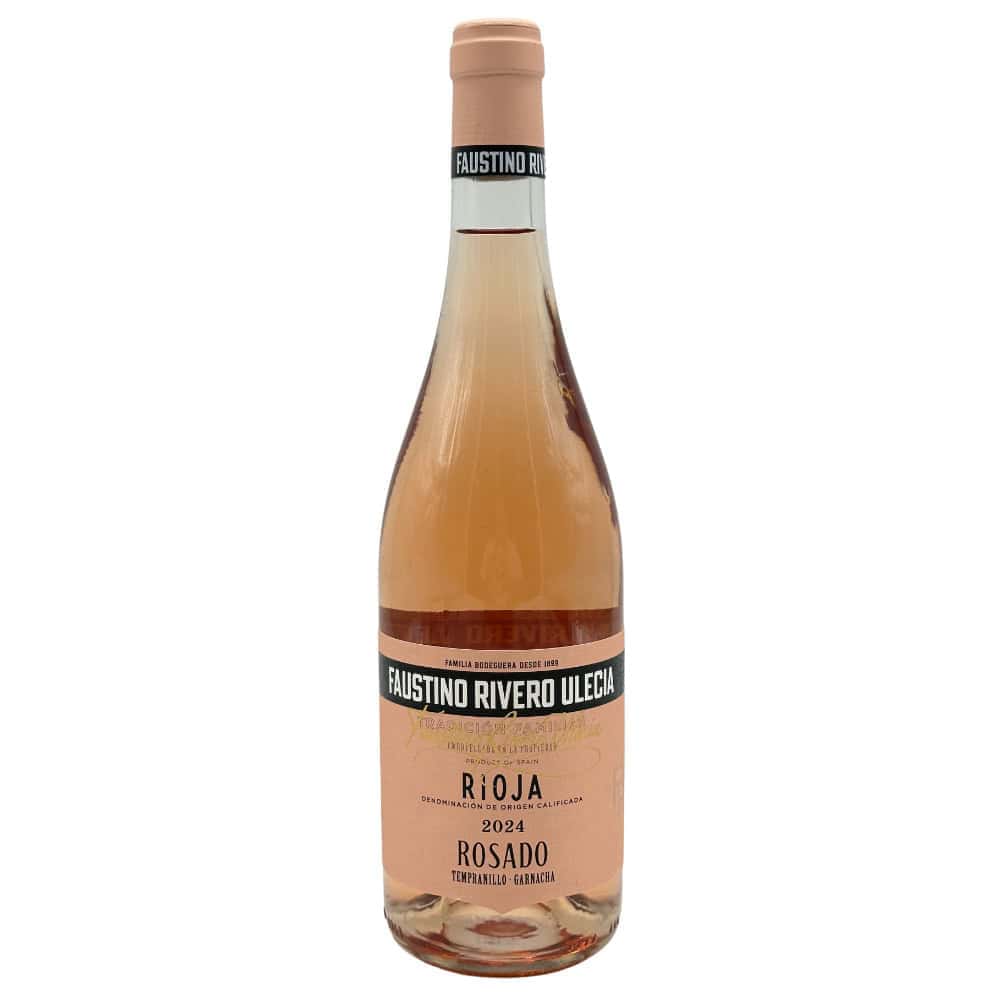 Saftige spanische Rosé Weinflasche, Rioja Rosado 2024 von Faustino Rivero Ulecia, perfekt für Weinliebhaber, mit Tempranillo und Garnacha Trauben, direkt aus Spanien, hochwertigen spanischen Wein aus Navarra.