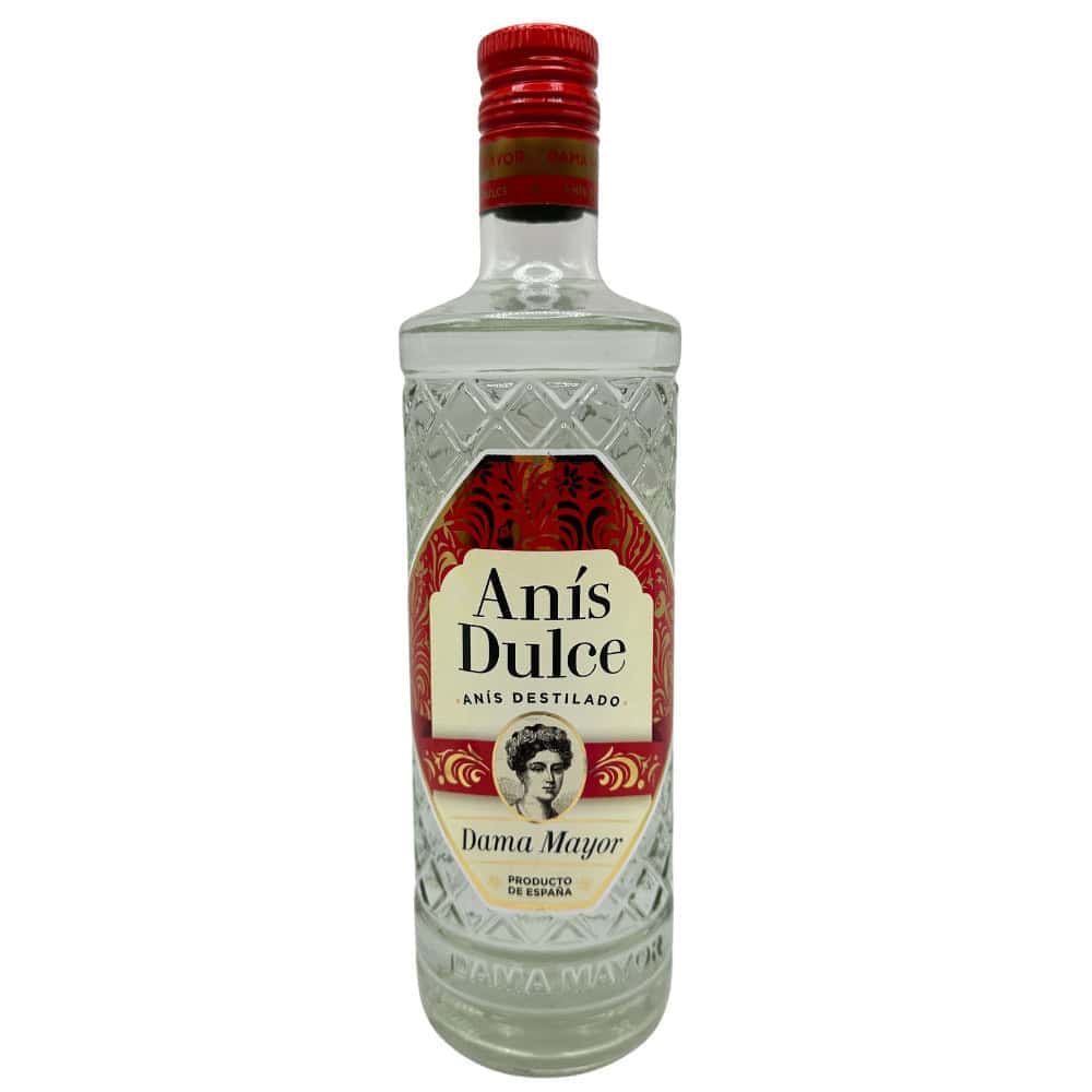 Flasche mit Anís Dulce, spanischer Anisschnaps aus Spanien, alkoholische Spirituose, Dama Mayor Marke, traditionelles spanisches Getränk, flüssige Spirituose für Cocktails und Mixgetränke.