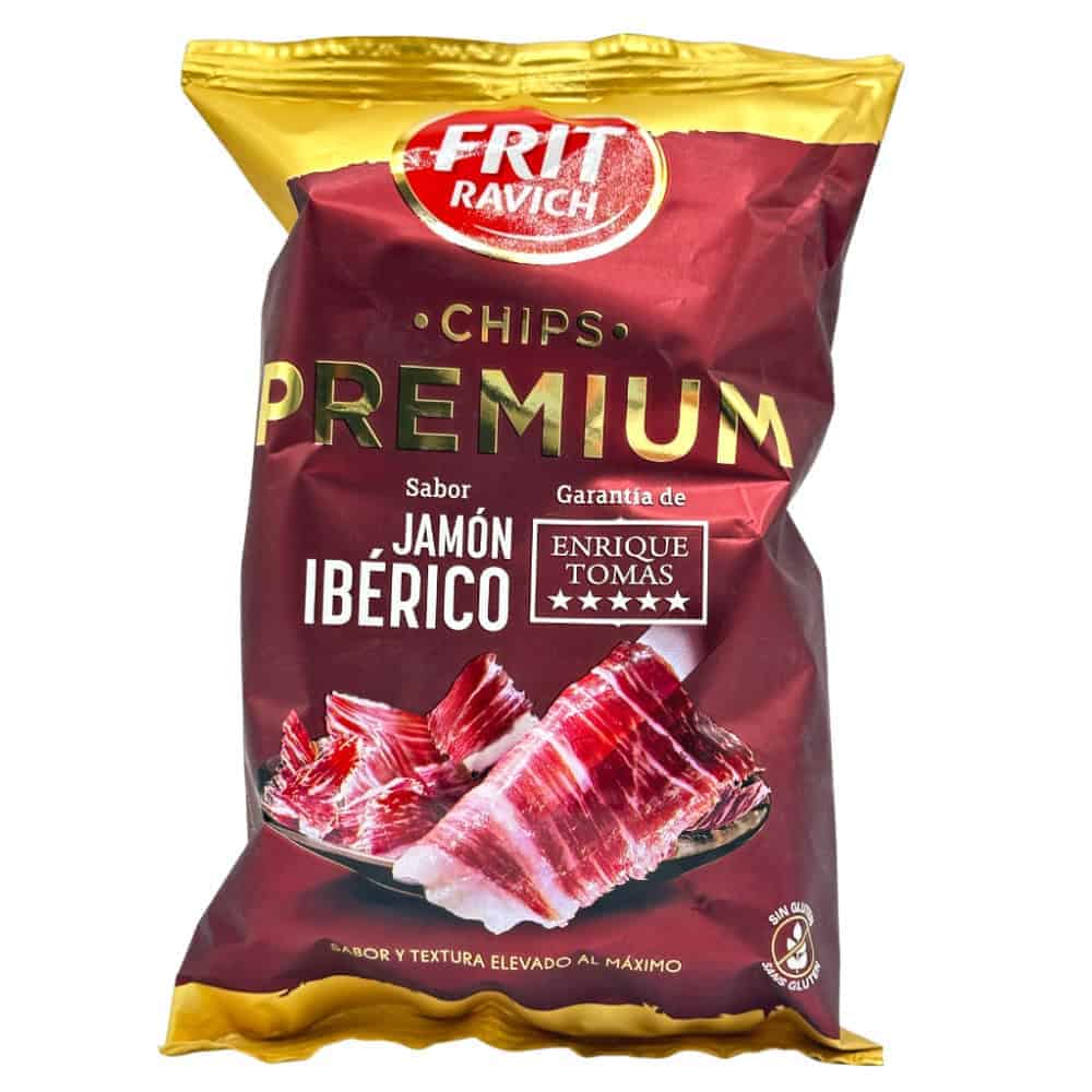 Premium spanische Chips mit iberischem Schinken, genieße den authentischen Geschmack direkt aus Spanien, perfekt für Snack-Liebhaber, glutenfrei, hohe Qualität, ideal für Tapas und Partys.