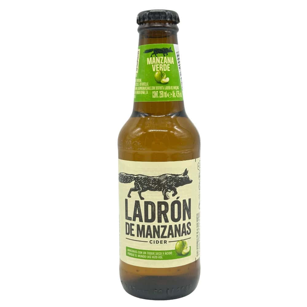 Saftige grüne Apfel im Bierflaschenlabel von Ladron de Manzanas mit spanischer Herkunft aus Spanien, frischer Apfelsäure und handwerklicher Produktion, ideal für Apfel-Liebhaber, direkt aus Spanien.