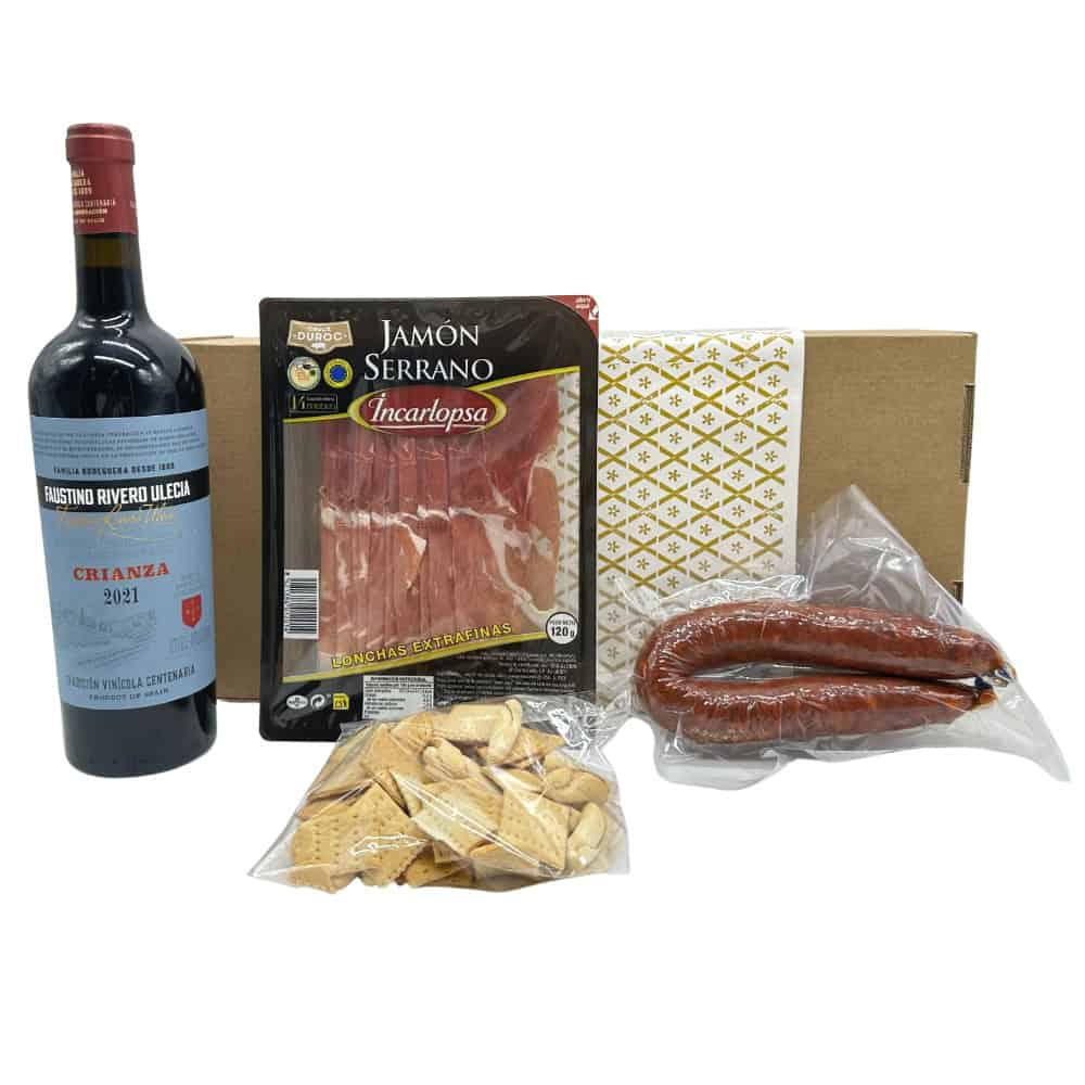 Saftiger spanischer Serrano Schinken, Rotwein, Chorizo, Crackers und Weinblue im Set – direkt aus Spanien für authentische Tapas.