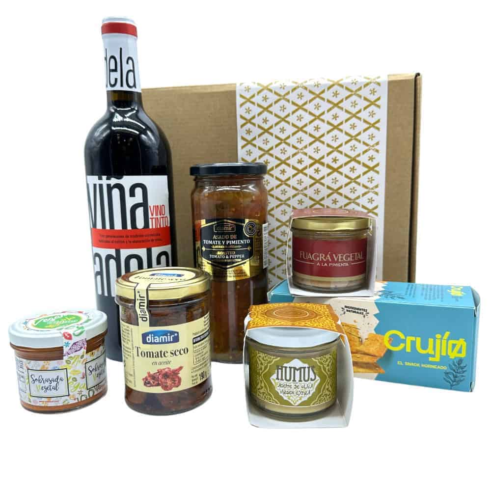 Deutscher Rotwein, spanische Feinkost, Gourmet-Geschenkset mit Tomaten, Pimientos, Gewürz, Croquetas und vielem mehr, direkt aus Spanien, hochwertige spanische Spezialitäten für Feinschmecker.