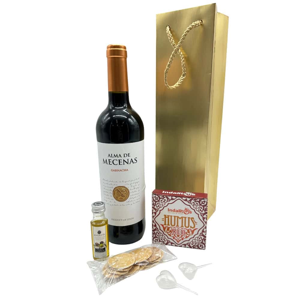 Fein sortiertes spanisches Wein-Set mit Alma de Mecenas Garnacha, hochwertiger Olivenölflasche, Hummus-Gourmet und Geschenketiketten, perfekt für echte spanische Genussmomente.