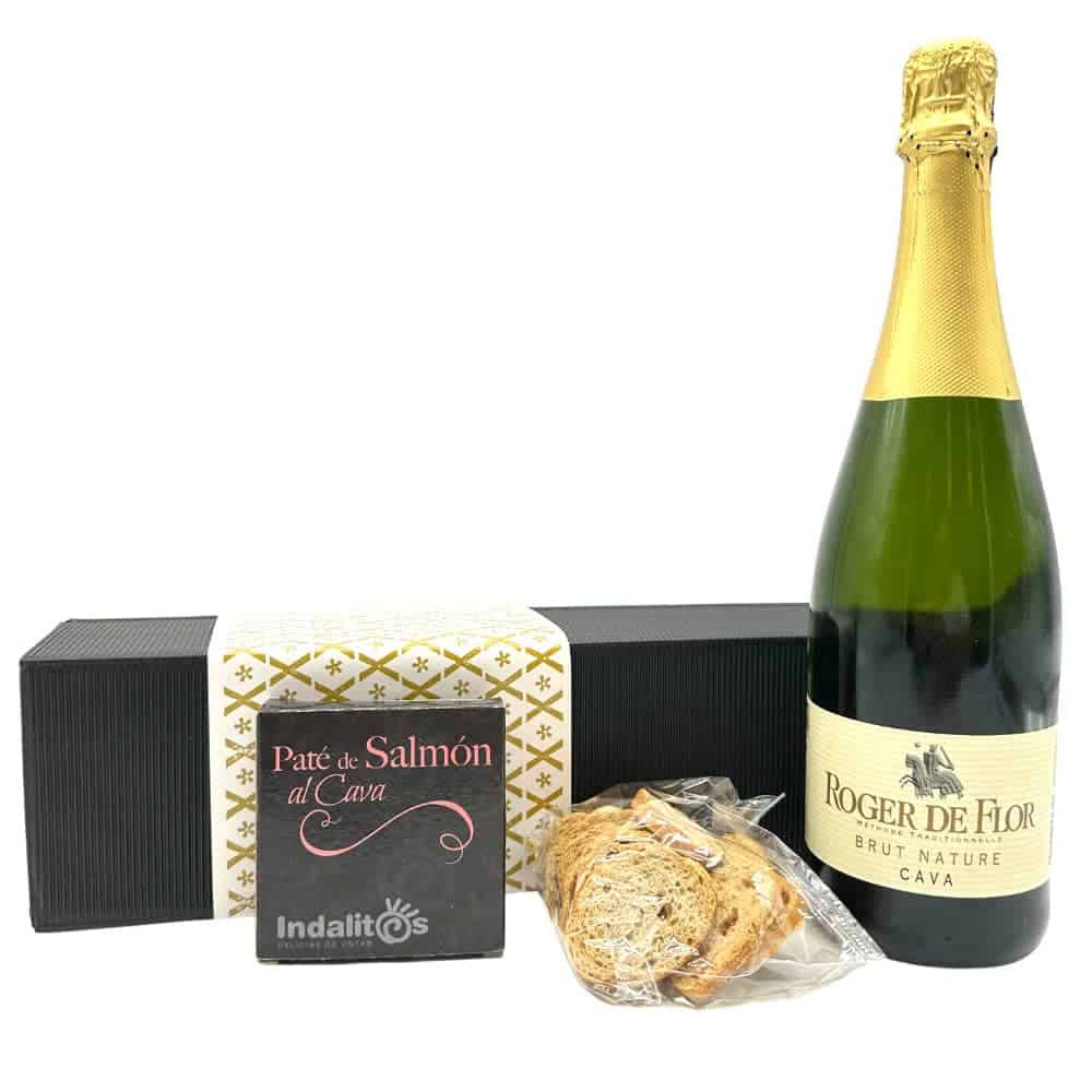 Paté de Salmón al Cava, Cava Champagnerflasche und spanisches Gebäck - Delikatessen aus Spanien, perfekt für Genussmomente. Hochwertige spanische Spezialitäten für besondere Anlässe oder Geschenke.