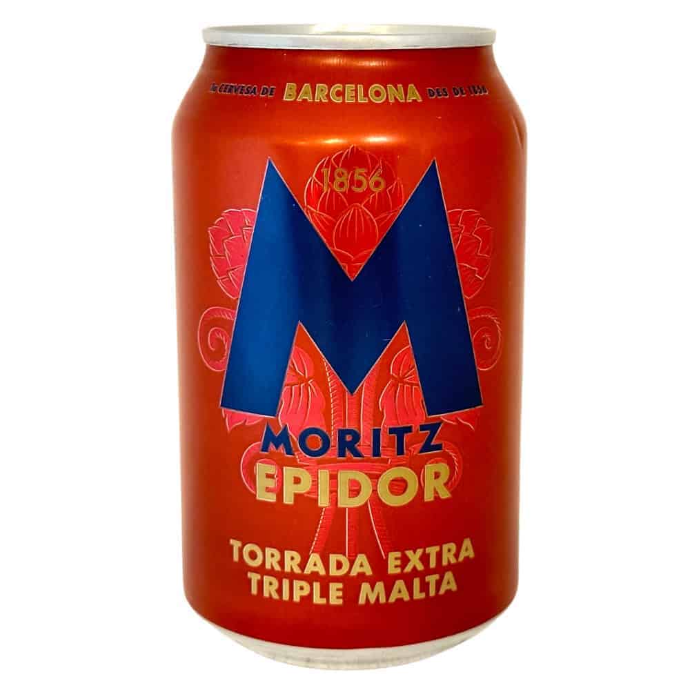 Altes, rotes Bierdosen-Design mit blauer M und spanischer Textbezeichnung Moritz Epidor für spanische Bier- und Malta-Getränke.