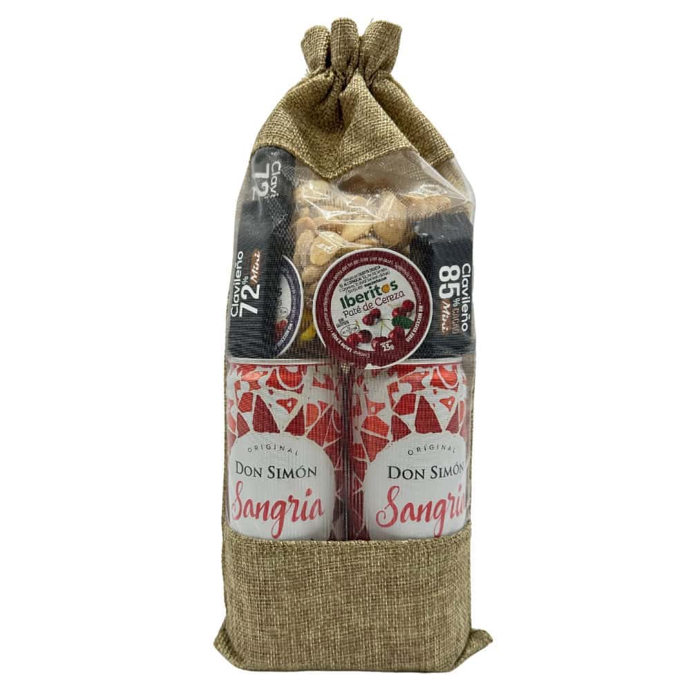 Sachet mit spanischen Sekt und Kirschen, Geschenkset aus Spanien, Delikatessen, alkoholische Getränke, elegante Präsentverpackung für Feinschmecker, Mareni importiert direkt aus Spanien.