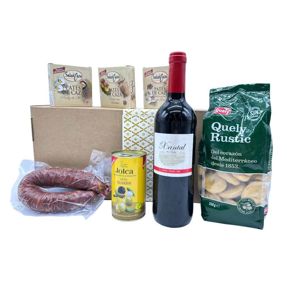 Feines spanisches Fleisch und Wein, inklusive Chorizo, spanischer Rotwein, Oliven und typische spanische Snacks für authentische Genusserlebnisse.