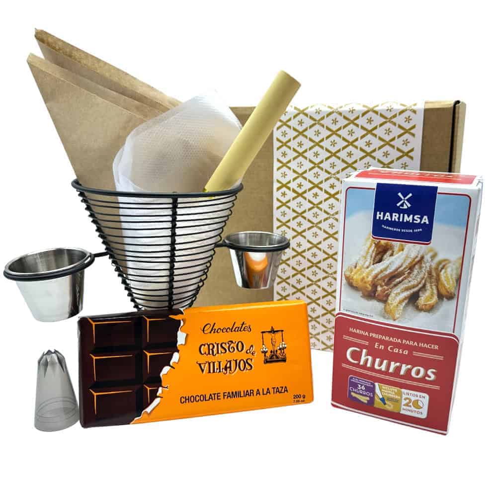 Locker Zubehör für spanische Churros, inklusive Schokolade, Backpapier, Becher, Zucker, und Fett, direkt aus Spanien für authentisches Nascherlebnis.