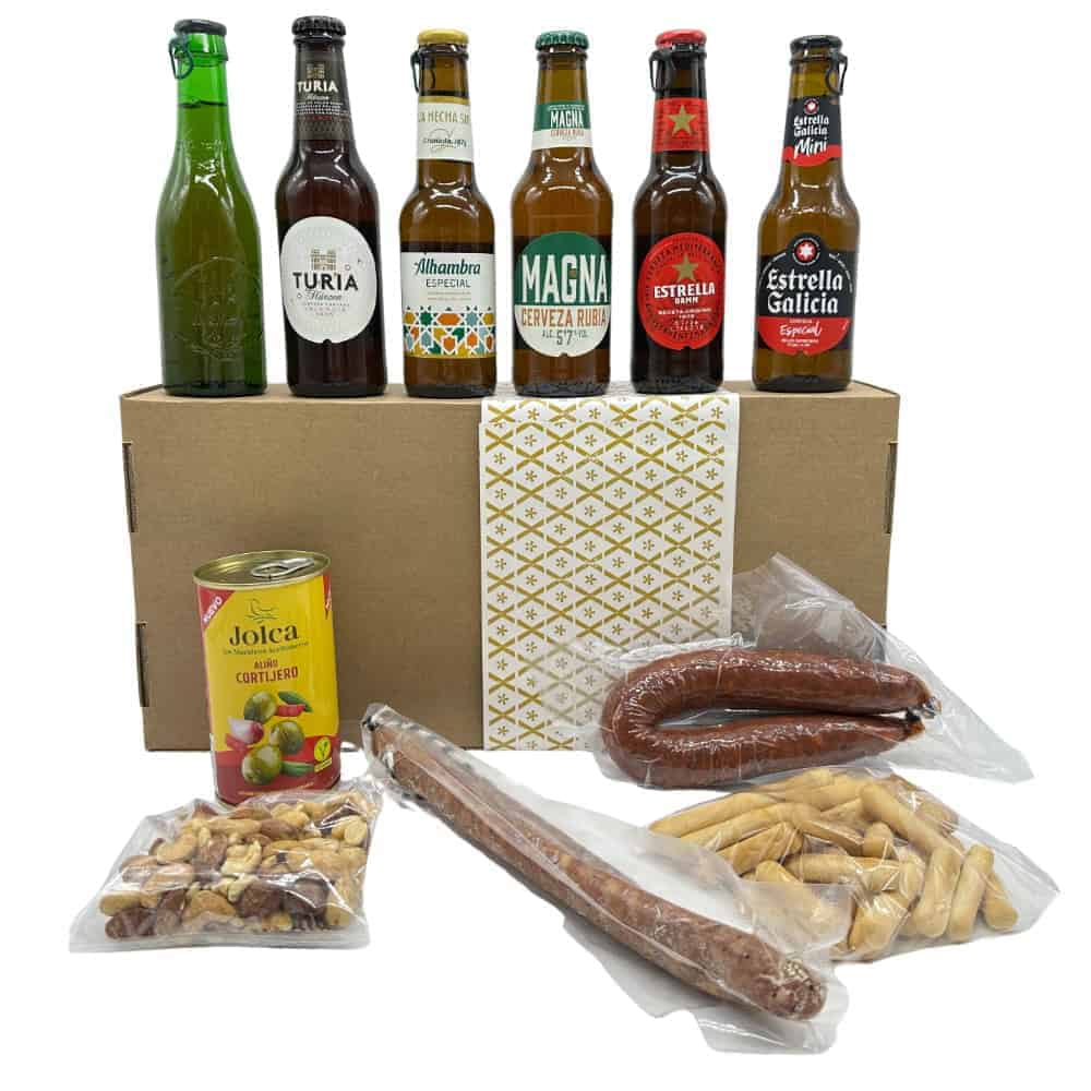 Mit spanischen Spezialitäten und Craft-Bier-Box: Auswahl an spanischen Bieren, Chorizo, Konserven, Nüsse und Trockenfleisch, hergestellt in Spanien, perfekt für Feinschmecker und Bierliebhaber.