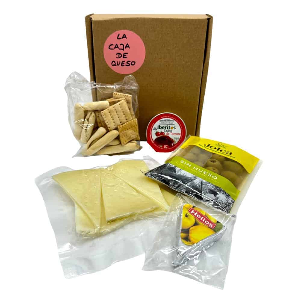 Käse Probierpaket mit spanischen Spezialitäten aus Spanien, inklusive Käse, Keksen, Tomatenaufstrich und Oliven, ideal für authentische spanische Snacks und Tapas.
