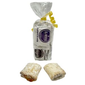 Handgefertigte spanische Erzgebirge Stollen, traditionell, mit Puderzucker bestäubt, in transparentem Geschenkpapier verpackt, ideal für festliche Anlässe, direkt aus Spanien bei Mareni kaufen.