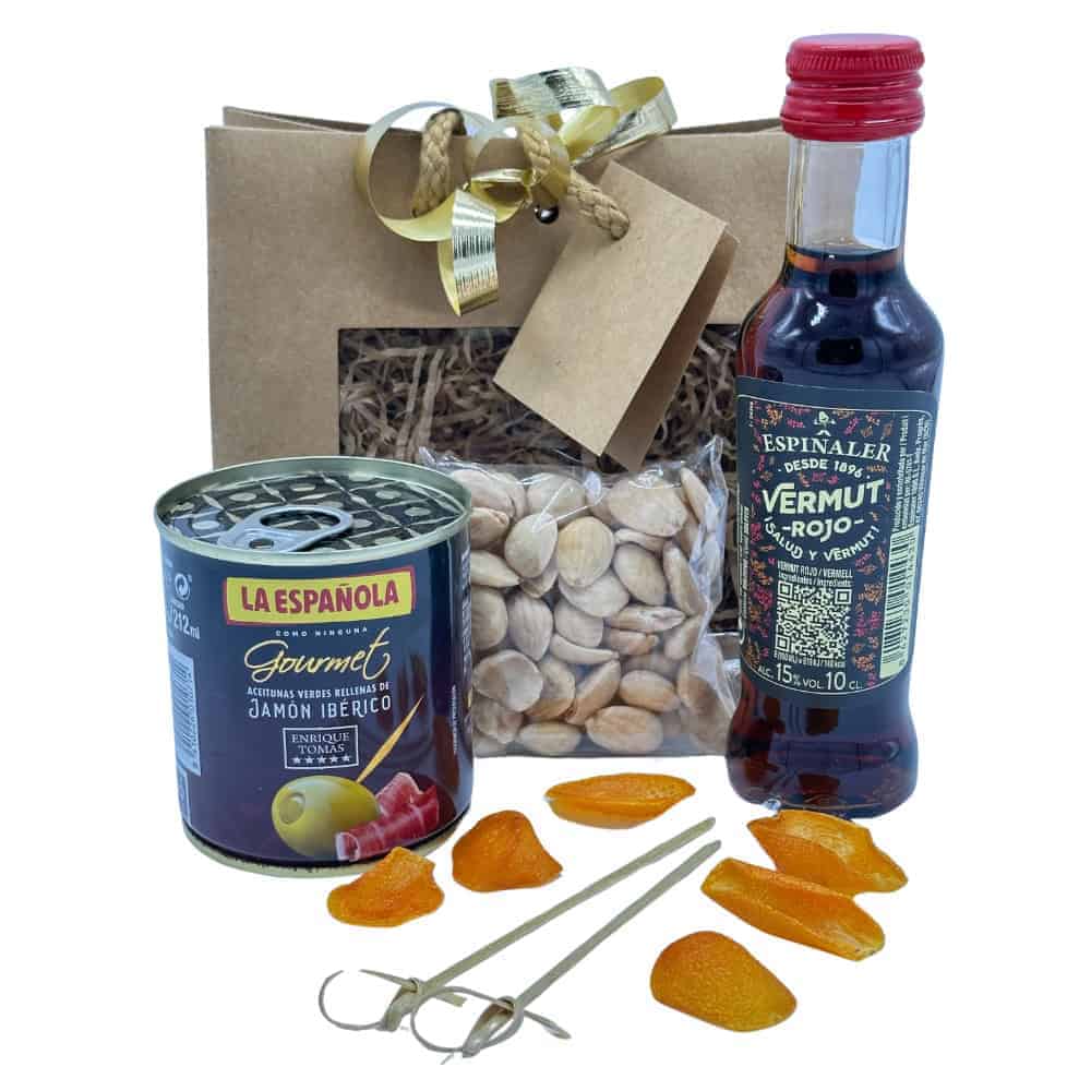 Qualität spanische Feinkostprodukte Geschenkset mit Marmelade, Pistazien, Vermut und getrockneten Aprikosen für köstliche spanische Spezialitäten.