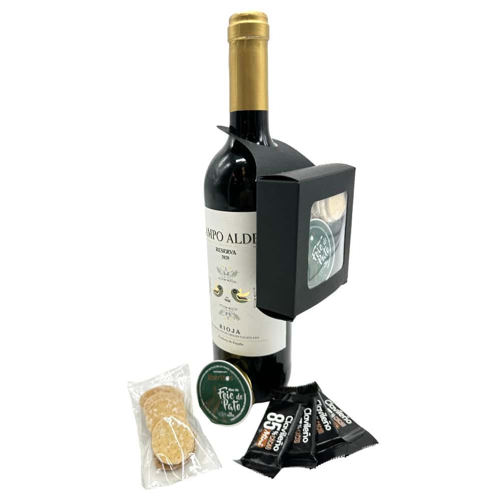 Feines spanisches Rotwein-Set mit passende Snacks, inklusive Wein aus Rioja, Käse, Kekse und Schokolade, perfekt für Genießer direkt aus Spanien.