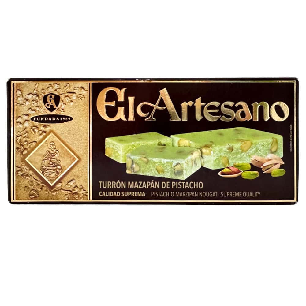 Honigkuchen mit Pistazien und Marzipan, spanisch hergestellt, El Artesano, hochwertige Pistazien-Marzipan-Nougat, traditionell spanisch, handgemacht, beste Qualität, ideale Süßigkeit aus Spanien.