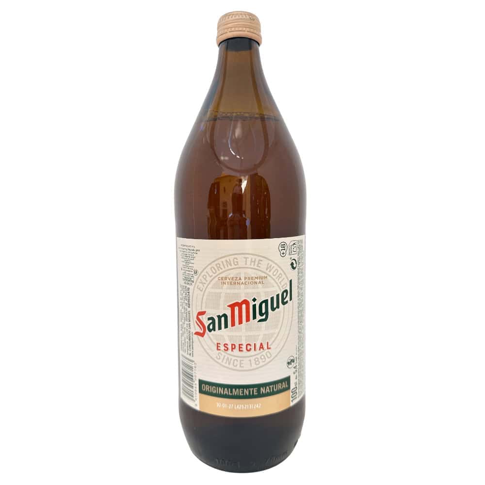 San Miguel Bierflasche, spanisches Lagerbier, direkt aus Spanien, Premiumqualität, original natürlich, beliebtes spanisches Getränk, ideal für Partys und gesellige Abende.