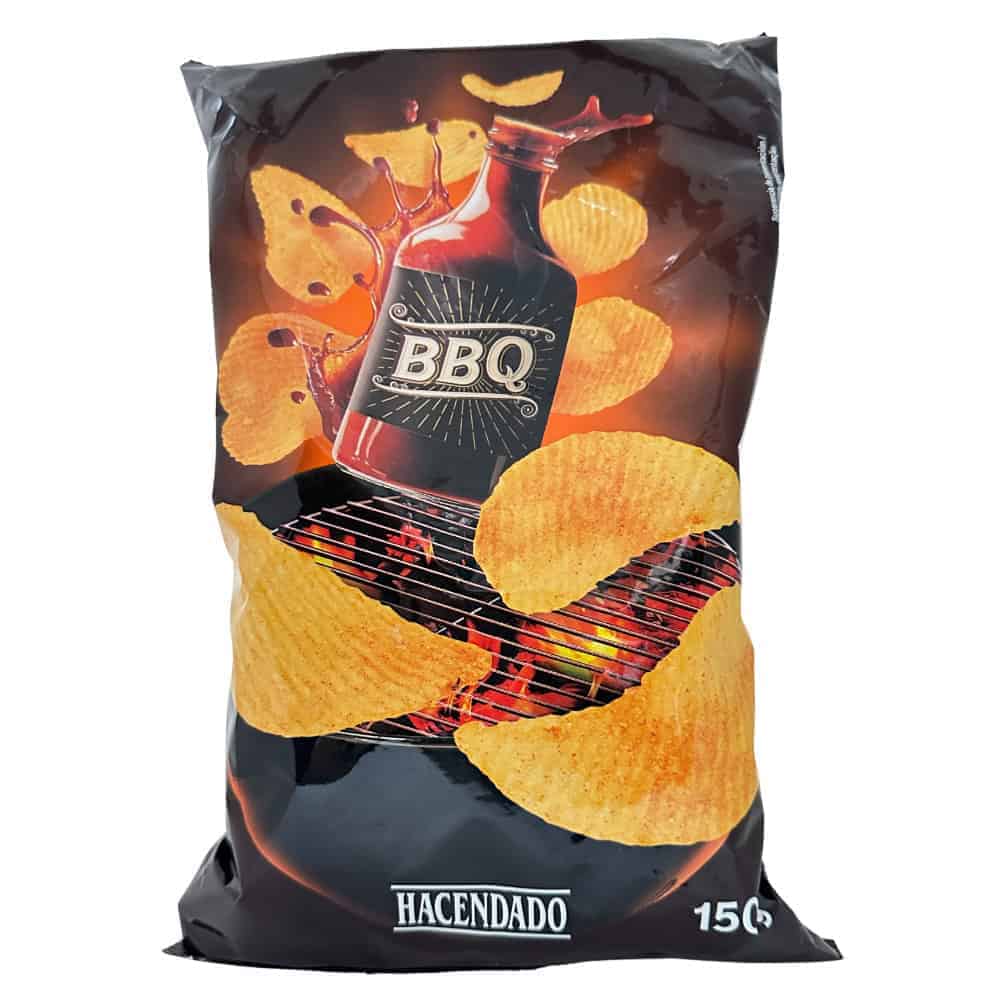 Knusprige Kartoffelchips mit BBQ-Geschmack, direkt aus Spanien, ideal für Grillabende und Partys. Hochwertige Snack-Qualität, 150g Packung, perfekt für Genießer und Partygäste.