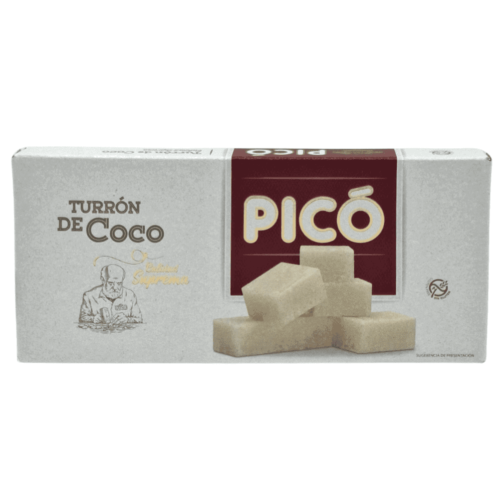 Pico Turrón de Coco, spanischer Kokosnuss-Turrón, aus Spanien, weich und cremig, ideal für Süßigkeitenliebhaber, glutenfrei, hochwertige Qualität, traditionelles spanisches Naschwerk.