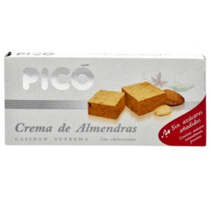 Veganer Mandel-Nougat-Aufstrich aus Spanien, ohne Zuckerzusatz, glutenfrei, cremig und reich an Nussgeschmack, ideal für Brot, Kekse oder Desserts.