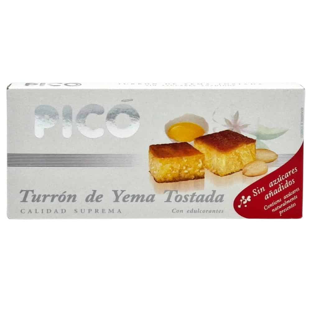 Pico Turrón de Yema Tostada, spanischer Mandel-Karamell-Nougat-Snack, glutenfrei, ohne zugesetzten Zucker, in hochwertiger Verpackung, ideal für Süßigkeitenliebhaber und Naschkatzen.