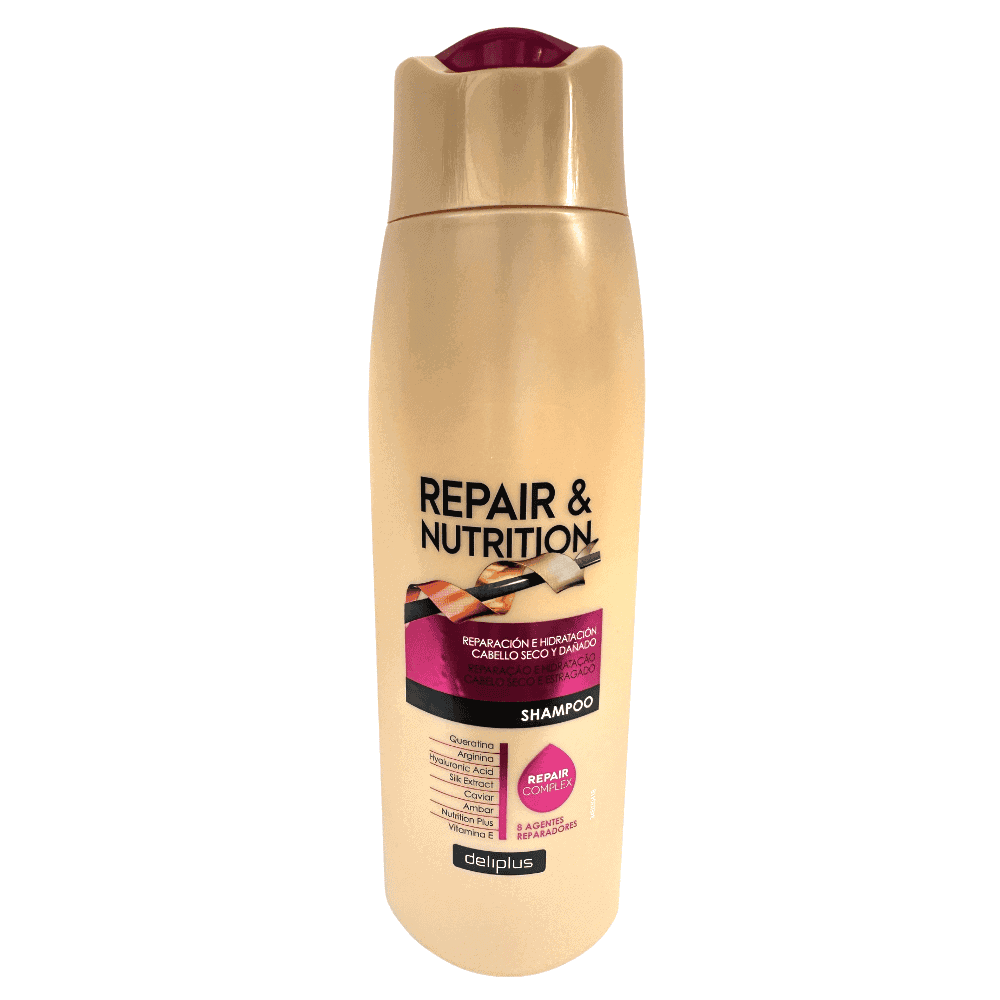 Deliplus - Shampoo – Repair & Nutrition – 400 ml Pflege Shampoo für trockenes und beschädigtes Haar, Reparatur & Ernährung, spanische Qualität, Repair Complex, mit Kaviar, Arginin, Hyaluronsäure, und Vitaminen, für gesundes, geschmeidiges Haar von Mareni.