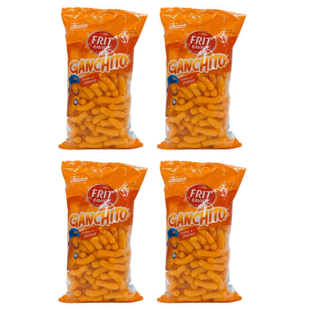 Knusprige Käse-Snacks Ganchito von Frit Ravigo, spanische Snack-Delikatesse, ideal für jeden Anlass, herzhafter Käsegeschmack, verpackt in praktischer, wieder verschließbarer Tüte.