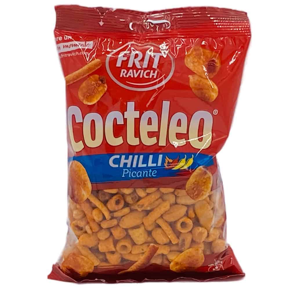 Knabbersnack aus Spanien, pikante Chilli-Geschmacksrichtung, in roter Verpackung, ideal für Party und Snack-Zeit.
