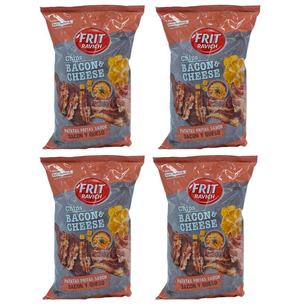 Knusprige Bacon- und Käse-Chips, spanisches Snack-Produkt, ideal für Partys und Camping, würziger Geschmack, 4er Pack, fritravich Marke, spanische Qualität.