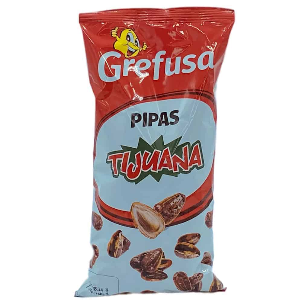 Knackige Tijuana-Pipas im roten Snackbeutel, spanische Spezialität, perfekt für Party und Snack-Zeit, hochwertige spanische Qualität, ideal zum Teilen, emphasis auf authentische spanische Snack-Produktsorte, Mareni Import aus Spanien.