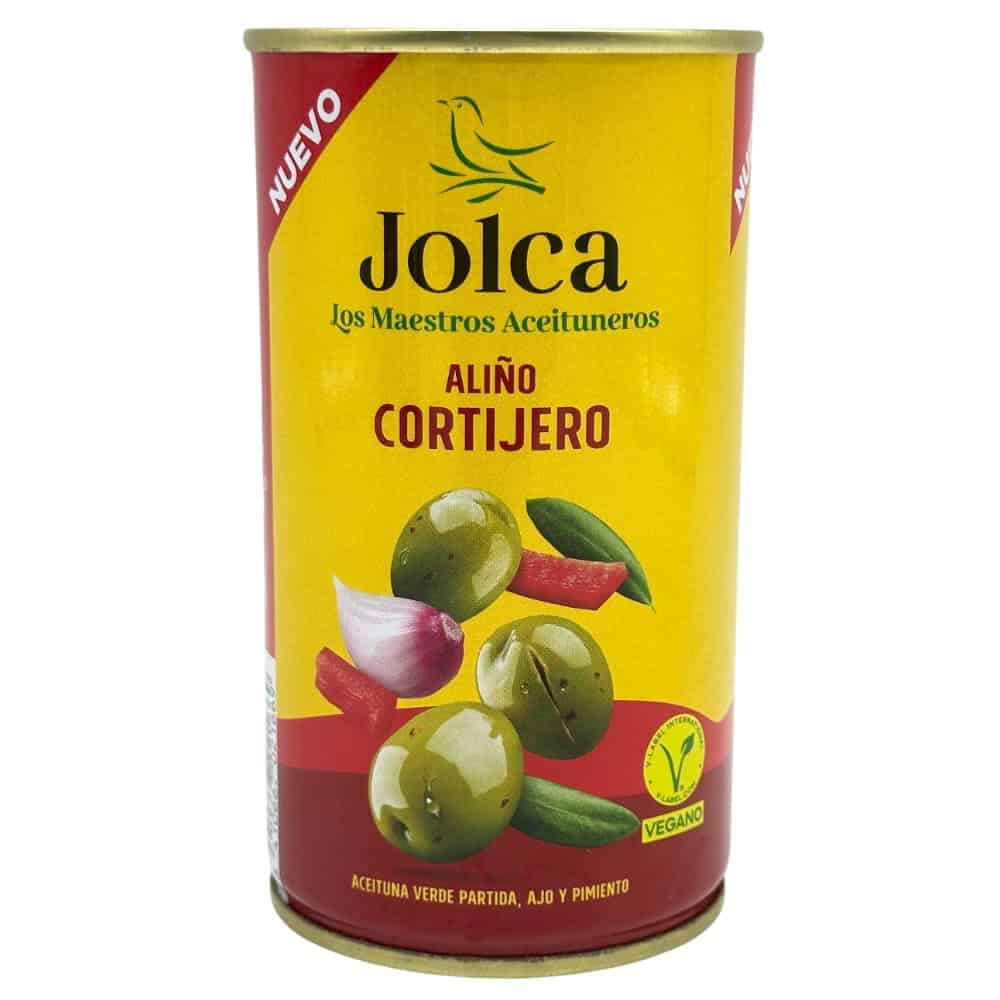Jolca grüne Oliven mit Knoblauch und Paprika, spanischer Genuss, vegane Spezialität, direkt aus Spanien, hochwertiges mediterranes Produkt, ideal für Tapas und Kochrezepte.