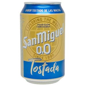 San Miguel Tostada-Bierdose, spanisches Bier, spanische Biermarke, traditionelle Bierflasche aus Spanien, erfrischendes Tostada-Bier, spanische Bierkultur, spanisches Exportbier, spanische Bierqualität, Mareni spanischer Bierimport, spanischer Geschmack.