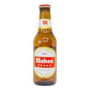 Mahou Bierflasche aus Spanien, bekannt für Premium-Qualität und authentischen Geschmack, ideal für Bierliebhaber, direkt aus Spanien, perfekt für gesellige Anlässe.