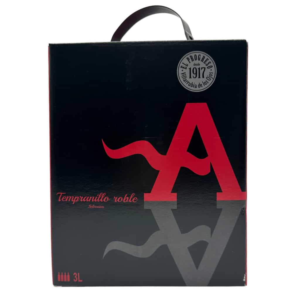 Saftverpackung mit rotem "A" und Wolfssymbol, spanischer Wein aus Spanien, ideal für Weinliebhaber, hochwertiges Getränk, 3 Liter Fassungsvermögen, elegante Verpackung, ideal für Geschenke oder Weinabende, direkt aus Spanien.